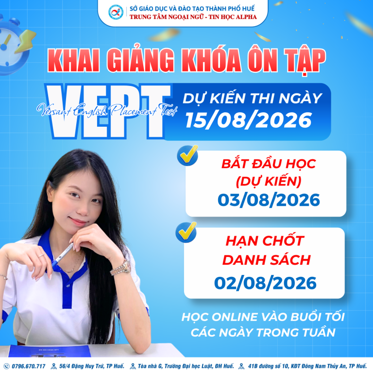 THÔNG BÁO KHAI GIẢNG KHÓA ÔN TẬP VEPT THÁNG 8/2026 (Cập nhật mới ngày 28/07/2026)