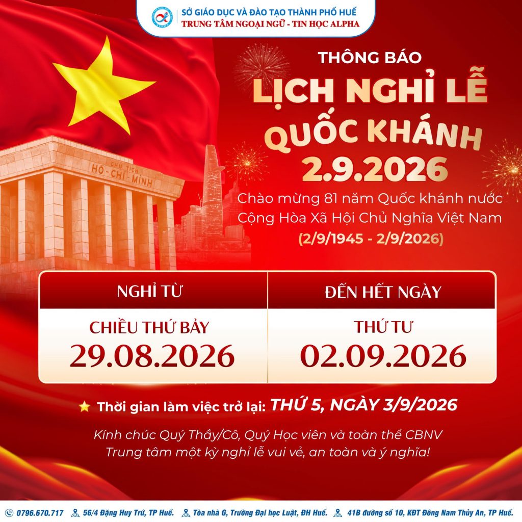 THÔNG BÁO LỊCH NGHỈ LỄ QUỐC KHÁNH 2/9/2026 (CẬP NHẬT MỚI NGÀY 24/08/2026)